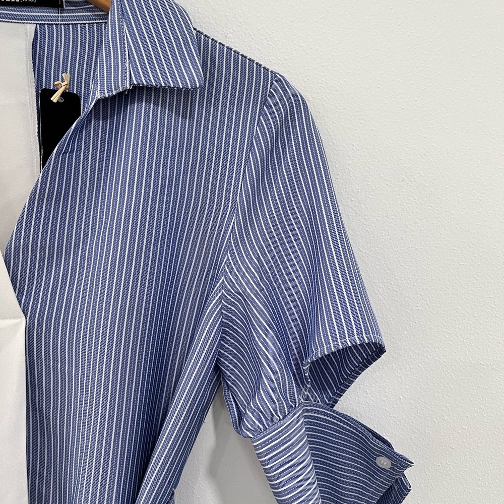 I:NA blue & white colorblock striped asymmetrical hem tie waist shirt dress NWT - Picture 7 of 16